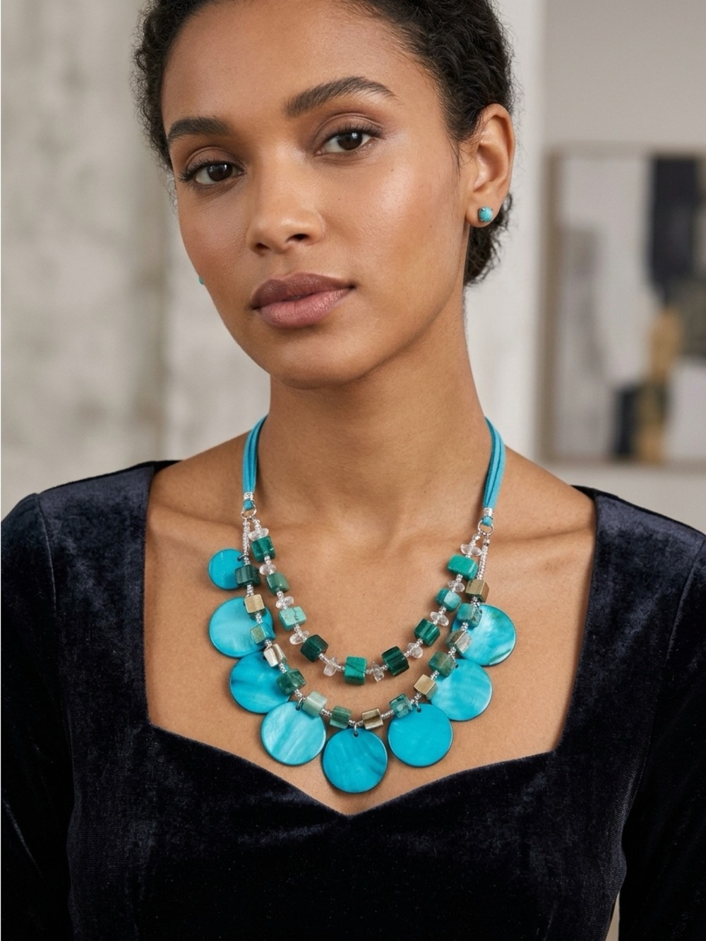 Boho Turquoise Multi-Layer Necklace Chunky Disc & Cube Bead Statement Jewelry